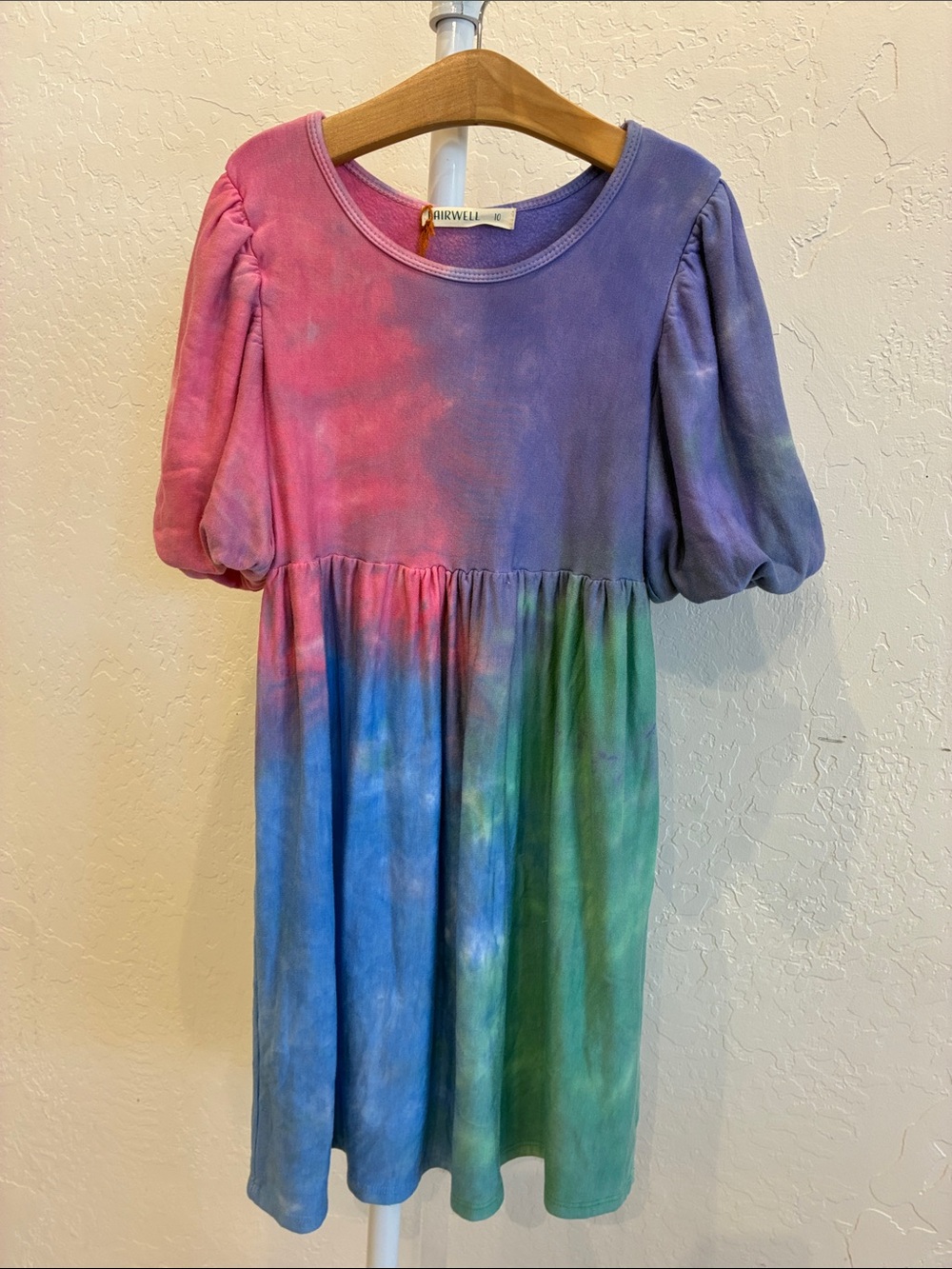 Fairwell Multicolor Tie-Dye Puff Sleeve Dress - Pink, Purple, Blue, Green